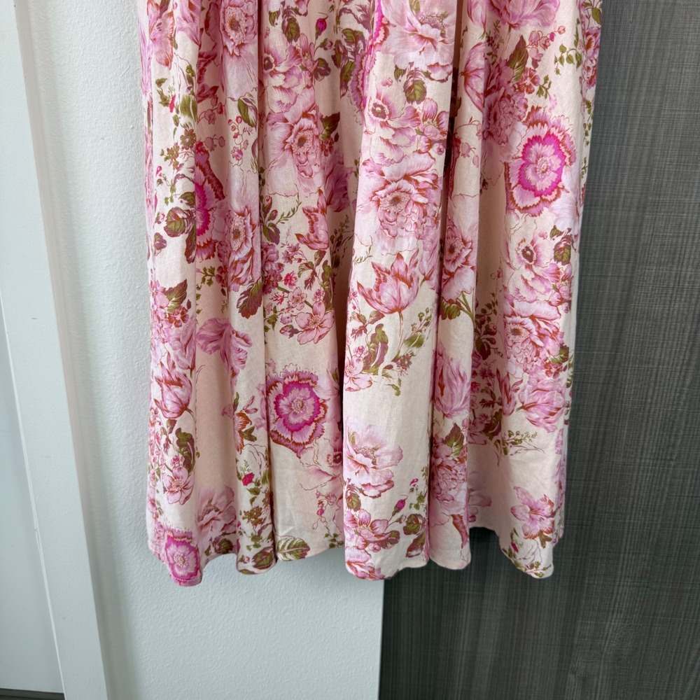 Avec Les Filles Pink Floral Print Puffed Sleeve Twist Bodice Midi Dress Size 12 - Picture 11 of 13